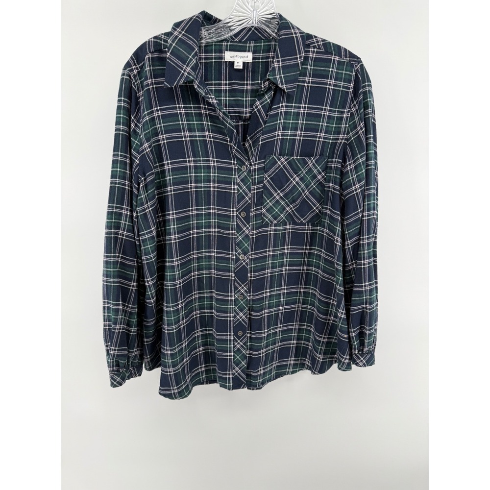 Westbound Plaid Long Sleeve Button Up Shirt Navy Green White Women Size Medium